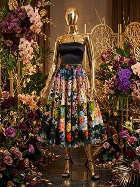 Floral Patchwork Tiered Midi Skirt - Black Multi